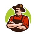 Farm, Agriculture Logo Or Label. Happy Farmer, Grower Cartoon. Vector Illustration