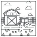 Rural landscape, barn and tractor, chickens with hen, farmland