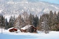 Rustic farm at fir forest in alpine landscape snow-covered