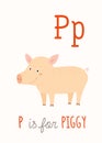 Farm animal alphabet P for piggy. ABC Kids Wall Art. Card. Nursery poster .