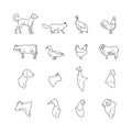 Farm animal and birds thin line icons