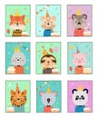 Farm animal birthday posters, celebrate holiday party, children characters in festive cap with cake, confetti and Royalty Free Stock Photo