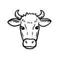 Farm animal. Cow sketch. Hand drawn. Vintage style. Black and white vector illustration isolated on white background. Cow head. Royalty Free Stock Photo