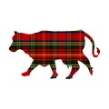 Farm animal cow in tartan christmas illustration clipart. Simple gingham checkered color. Cartoon cattle with plaid