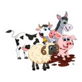 Farm animal group. Cow, pig, ram, donkey design isolated on white background. Cute cartoon animals collection Vector illustration Royalty Free Stock Photo