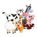 Farm animal group. Cow, pig, ram, donkey,sheep,hen  design isolated on white background. Cute cartoon animals collection Vector Royalty Free Stock Photo