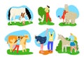 Farm animal and happy girl boy, set vector illustration. Cute child people character with domestic pet lama, ostrich