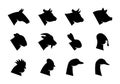 Farm animal head set. Pig, Horse, Turkey, Goat, Sheep, Chicken, Rooster, Duck, Rabbit, Goose, Cow, Bull head silhouettes Royalty Free Stock Photo