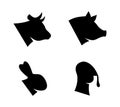 Farm animal head set. Pig, Turkey, Rabbit, Cow head silhouettes. Farm animal black icons isolated on white background. Royalty Free Stock Photo