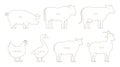 Farm Animal line set. Husbandry production. Cow and bull, duck and chicken. Sheep goat and pig. Outline contour line vector