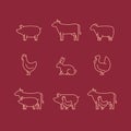 Farm animal outline icon set. Pig, cow, lamb, chicken, turkey, r