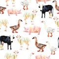 Farm animal seamless pattern drawing in watercolor. Cow, duck, g Royalty Free Stock Photo