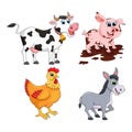 Farm animal set. Cow, pig,  donkey, hen  design isolated on white background. Cute cartoon animals collection Vector illustration Royalty Free Stock Photo