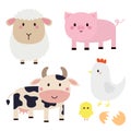 Farm animal set. Cow, sheep, pig, hen chicken, egg icon. Cute round face head. Cartoon kawaii funny baby character. Nursery Royalty Free Stock Photo