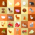 Farm Animal Square Icon Set of Animals and Barn, Tractor, Hay, Straw and more Royalty Free Stock Photo