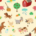 Farm animal vintage style seamless pattern in vector. Livestock repeatable background. Light yellow farm animals tile background.