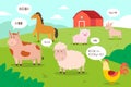 Farm animals background. Cartoon funny domestic animals on meadow with speech bubbles and sounds, farmyard inhabitants