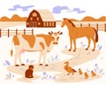 Farm animals on the background of the rural landscape. Vector illustration in flat cartoon style. Royalty Free Stock Photo