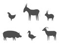 Farm animals black outline set vector illustration. Pig, duck, goat, chicken, rabbit and donkey Royalty Free Stock Photo