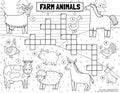 Farm animals black and white crossword for kids. On the farm puzzle