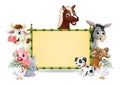 Farm animals with a blank sign bamboo Royalty Free Stock Photo