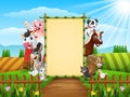 Farm animals with a blank sign bamboo Royalty Free Stock Photo