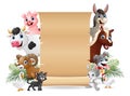 Farm animals with a blank sign paper roll