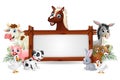 Farm animals with a blank sign wood tied