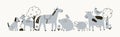 Farm animals border in Scandinavian doodle style. Cute hand-drawn countryside livestock, horse, cow, pig. Horizontal Royalty Free Stock Photo