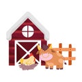 Farm animals bull hen in nest wooden fence barn cartoon