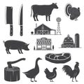 Farm animals, butsher shop, farm, steak, kitchen knife silhouettes isolated on white. Vector. Rural landscape with trees