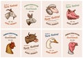 Farm animals cards. Head of a domestic pig goat cow rabbit sheep. Vintage Template logos or emblems for signboard. Set