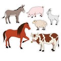 Farm animals cartoon set vector stickers with domestic livestock, pet