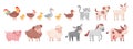 Farm animals in cartoon style. Set of cute animals and poultry: duck, duckling, goose, gosling, chicken, chick, rooster Royalty Free Stock Photo