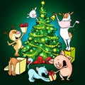 Farm animals celebrate Christmas under the tree - vector