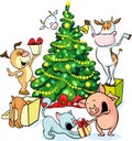 Farm animals celebrate Christmas under the tree - vector illustration isolated