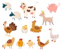 Farm animals. Chickens, rooster, pig, cow, goat, sheep, goose and turkey. Vector cartoon illustration isolated on the white