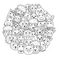 Farm animals circle shape pattern for coloring book. Cute farm characters coloring page