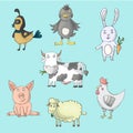 Farm animals collection with cow, hen, pig, sheep, ducks, rabbit, quail. Cartoon vector isolated characters