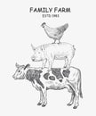 Farm animals Cow, Pig, Chicken. Vector illustration emblem