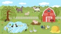 Farm animals cute cartoon characters on summer pasture, vector illustration Royalty Free Stock Photo