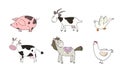 Farm animals. Cute cartoon horse, cow and goat, sheep and goose, chicken and pig. Royalty Free Stock Photo