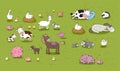 Farm animals. Cute cartoon horse, cow and goat, sheep and goose, chicken and pig. Sleeping animals Royalty Free Stock Photo