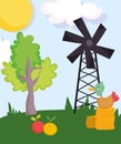 Farm animals duck in hay fruits windmill tree grass cartoon Royalty Free Stock Photo