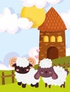 Farm animals goat and sheep barn fence grass cartoon Royalty Free Stock Photo