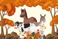 Farm animals group in the autumn forest scene Royalty Free Stock Photo
