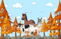 Farm animals group in autumn forest scene Royalty Free Stock Photo
