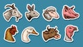 Farm animals. Head of a domestic horse pig goat cow alpaca llama rabbit sheep. Logos or emblems for signboard. Set of Royalty Free Stock Photo