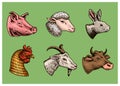 Farm animals. Head of a domestic pig goat cow rabbit sheep. Logos or emblems for signboard. Set of icons for the menu Royalty Free Stock Photo