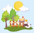 Farm animals hen chicken nest in wooden fence and goat cartoon